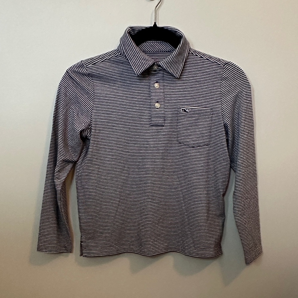 Vineyard Vines Navy and Gray Striped Edgartown Polo.  Boy size 7.